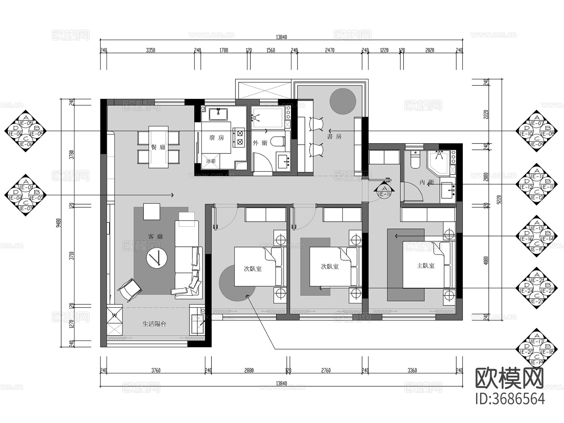 117㎡现代平层 四室二厅 室内cad施工图