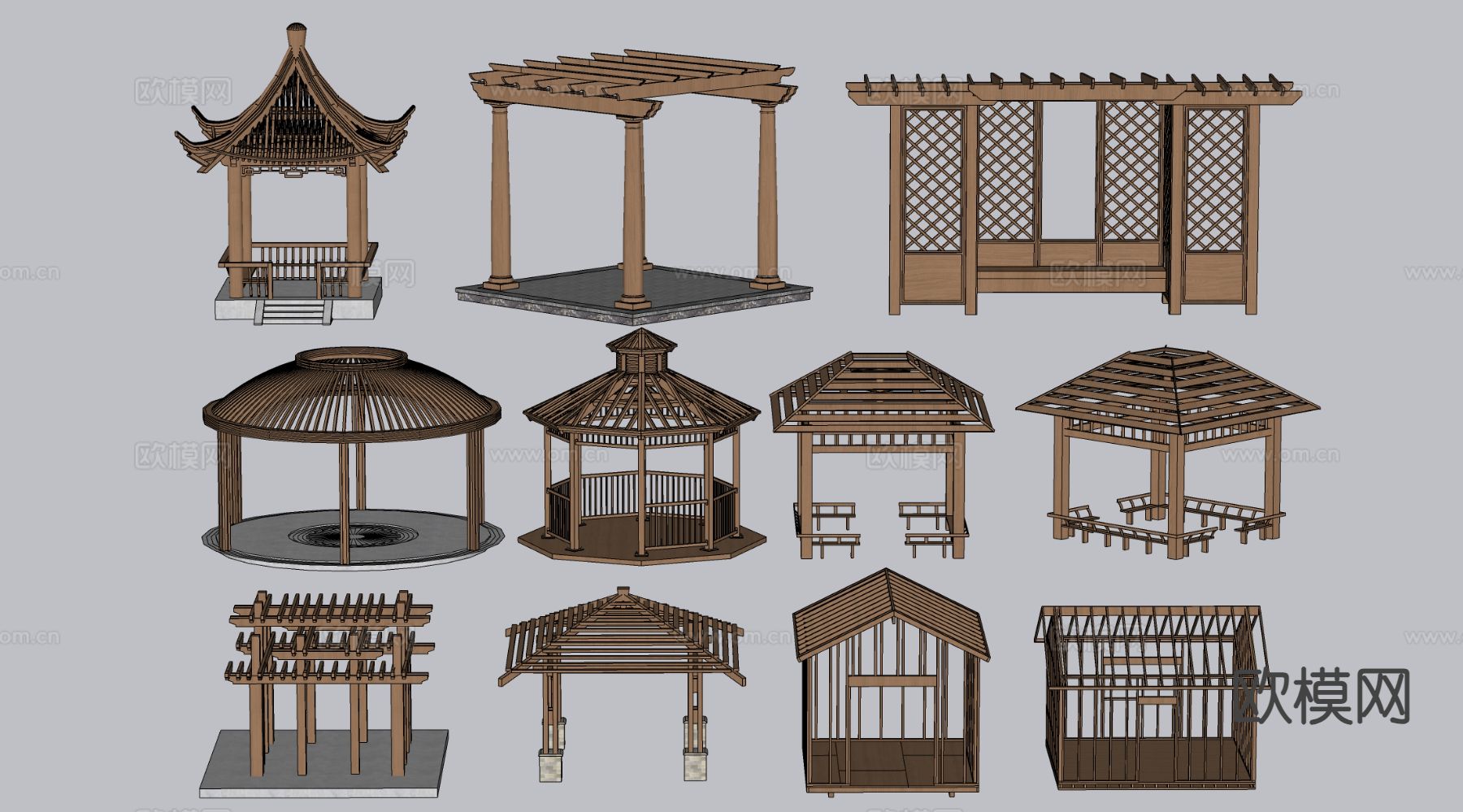 景观廊架 休憩亭 凉亭 亭子su模型