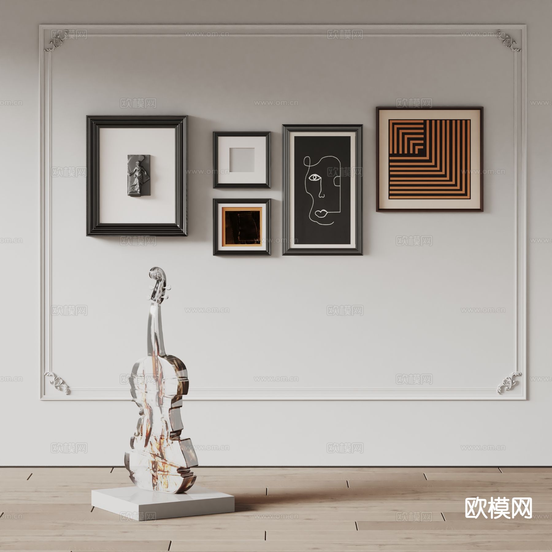 Knoll现代组合画 抽象画 雕塑琴su模型下载（渲染图2）