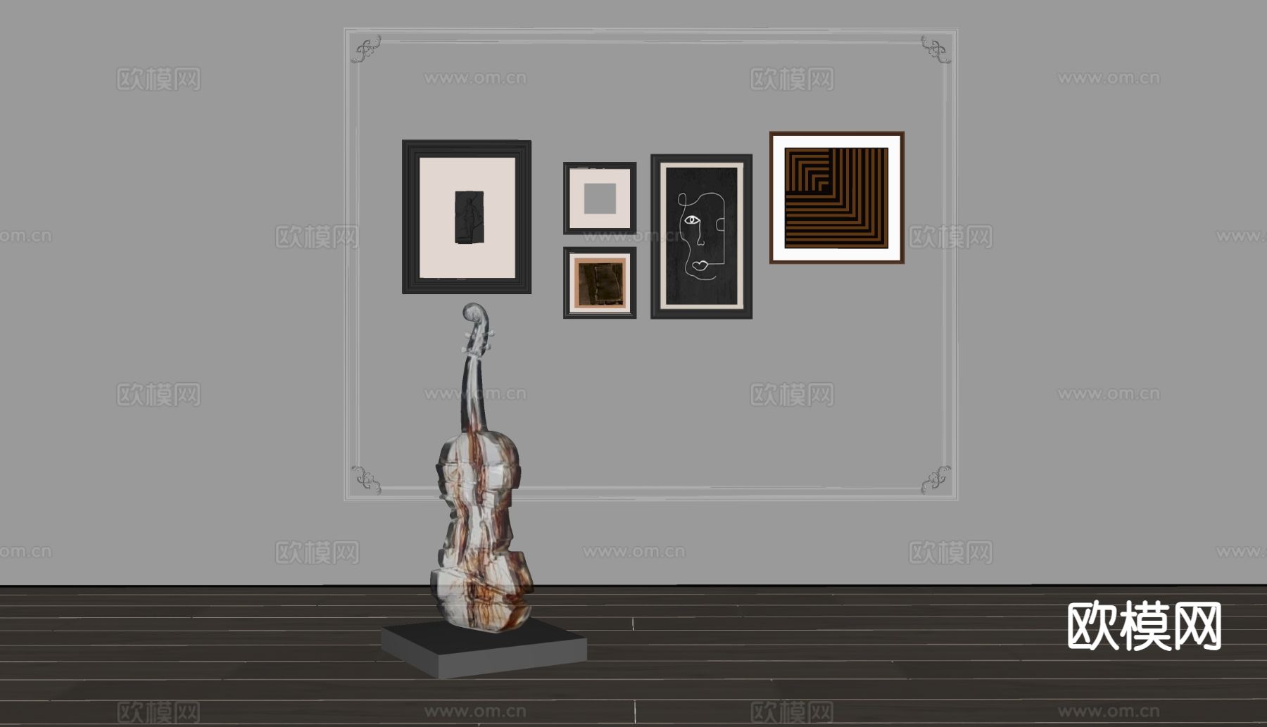 Knoll现代组合画 抽象画 雕塑琴su模型下载（渲染图1）