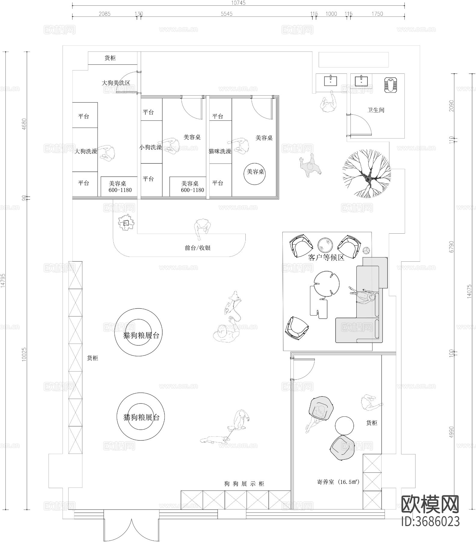 宠物店宠物医院猫狗寄养中心cad施工图下载（渲染图2）