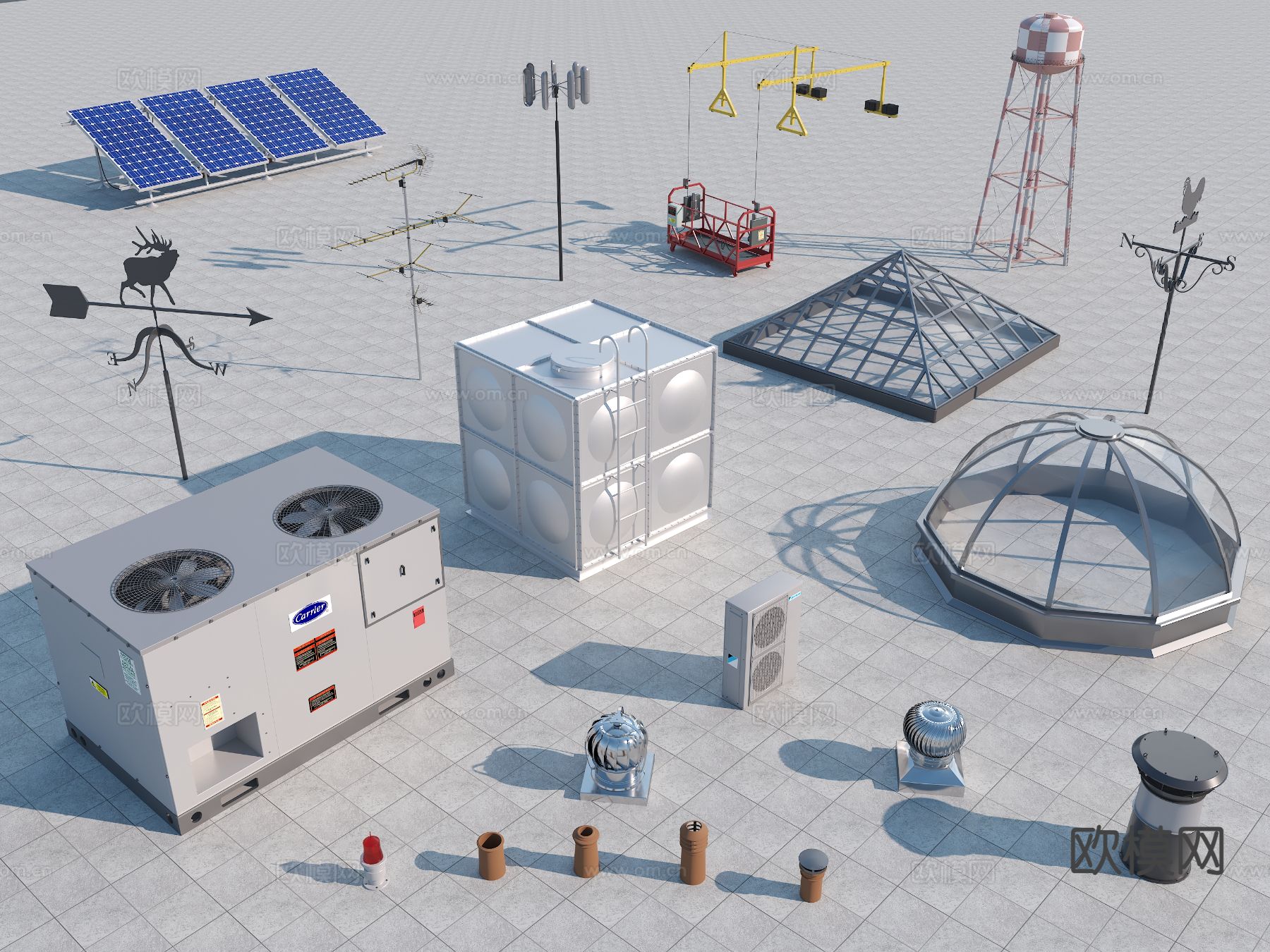 天窗 空调外机 吊机 太阳能板 水箱3d模型