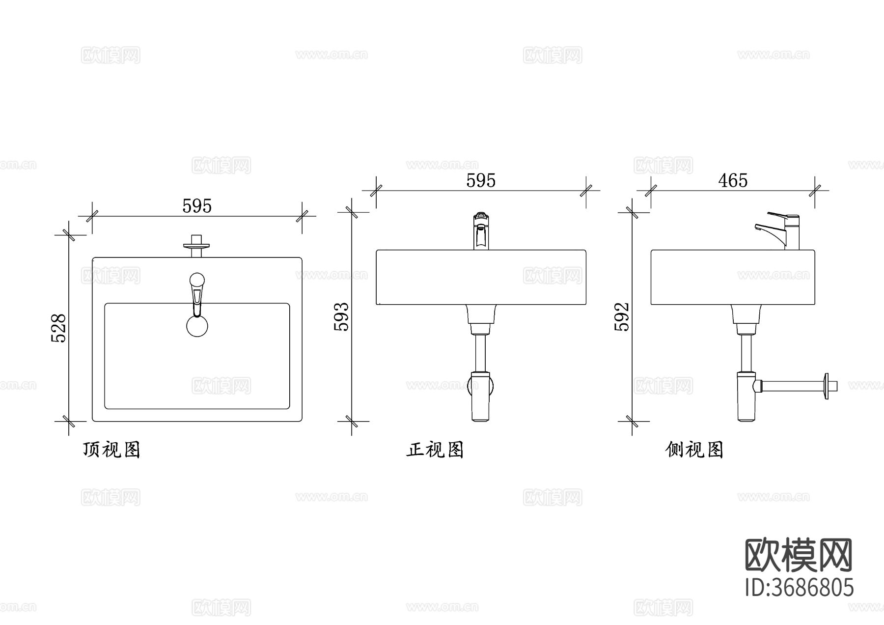 壁挂盆 台盆三视图