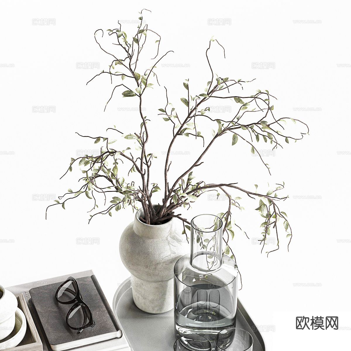 现代装饰品 桌面摆件 书籍 台灯 花瓶 绿植su模型