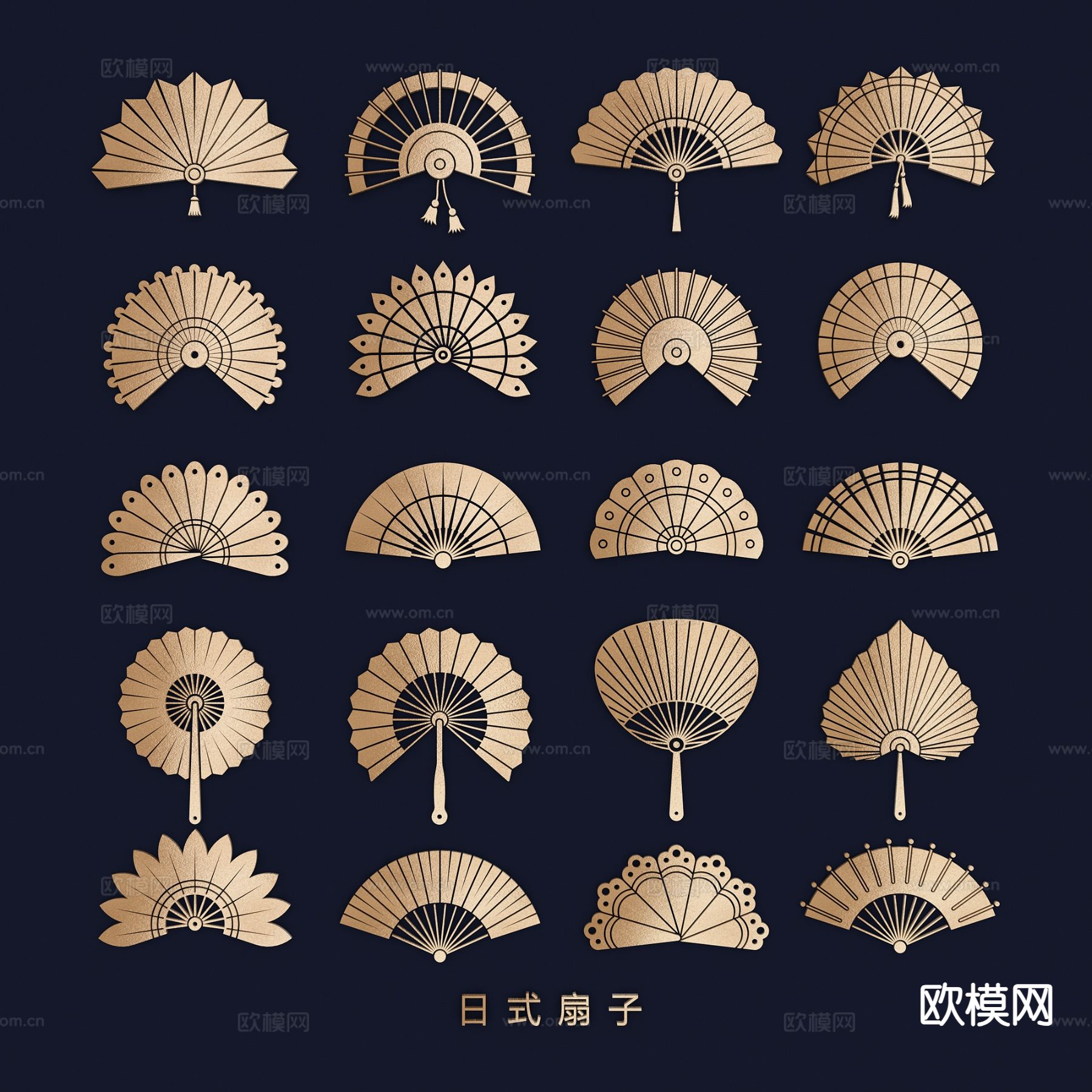 日式竹编扇 纸扇 手绘扇子 剪影su模型下载（渲染图2）