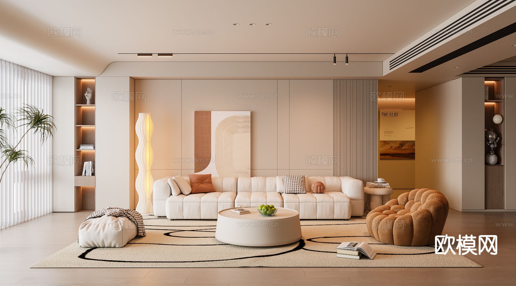 奶油风客厅3d模型下载（渲染图1）