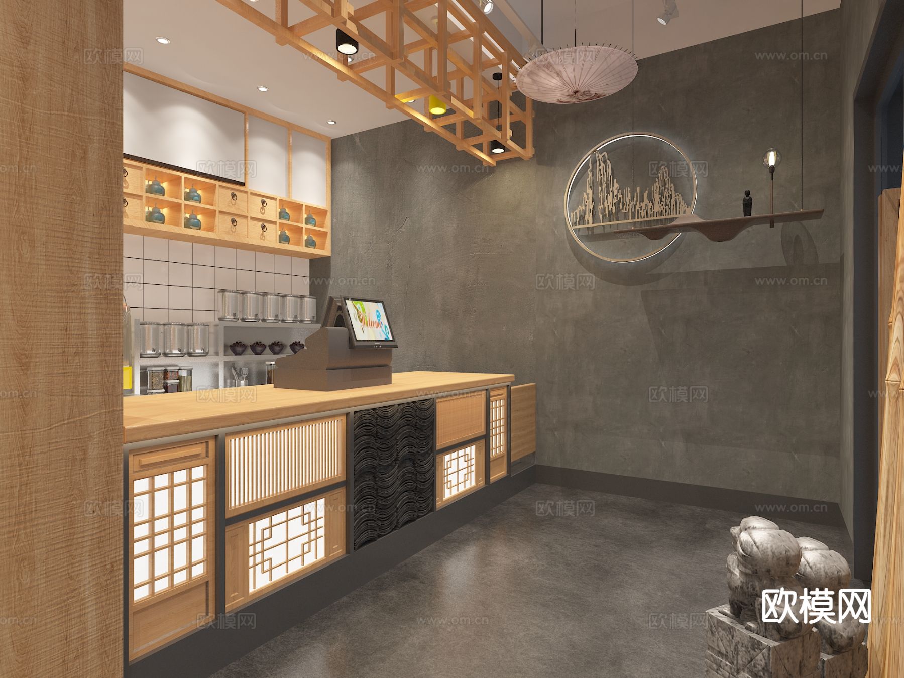 新中式奶茶店免费3d模型下载（渲染图2）