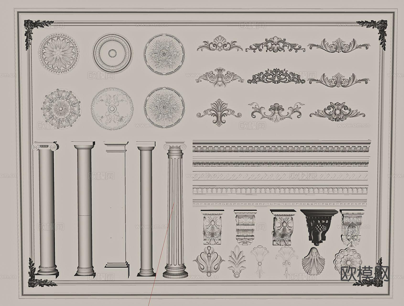 简欧雕花 罗马柱 灯盘 石膏线条su模型