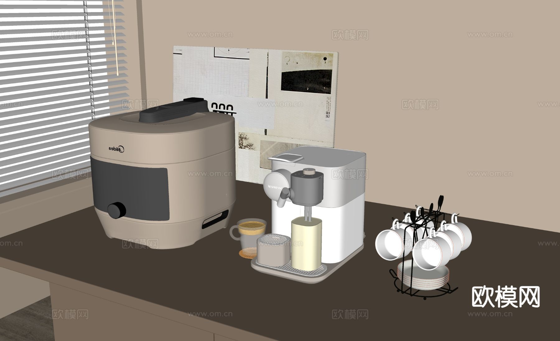 现代电饭锅 咖啡机 水杯架 电器su模型
