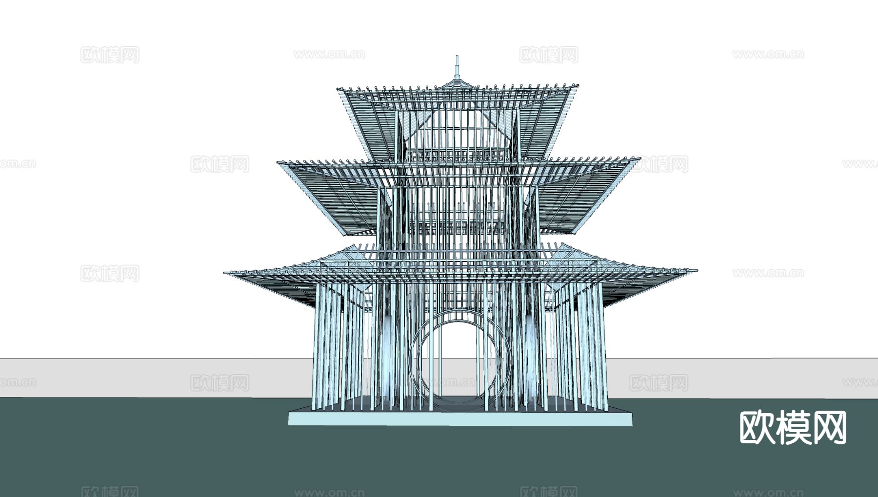 中式古建筑 塔楼 玻璃框架su模型