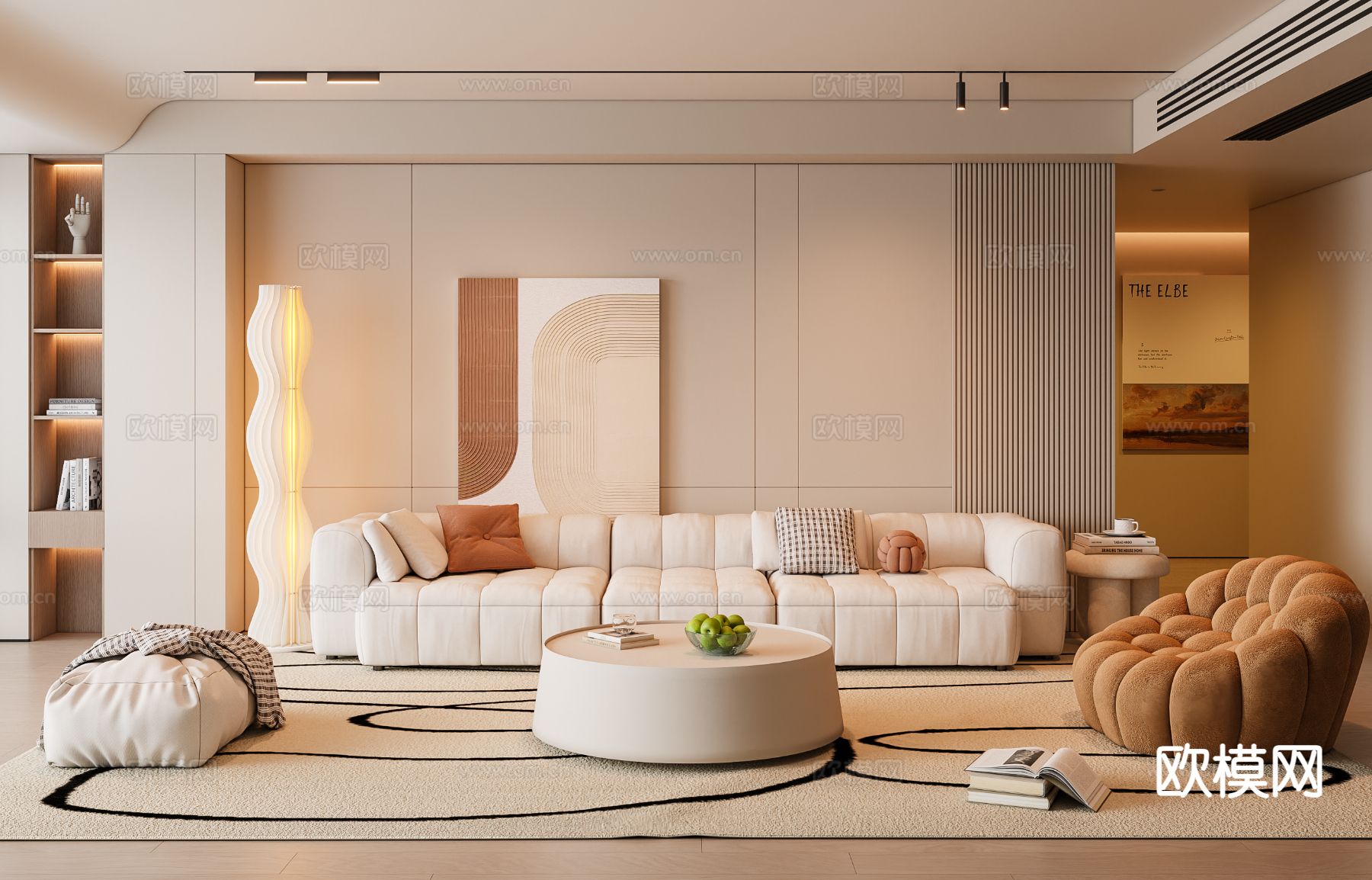 奶油风客厅3d模型下载（渲染图2）