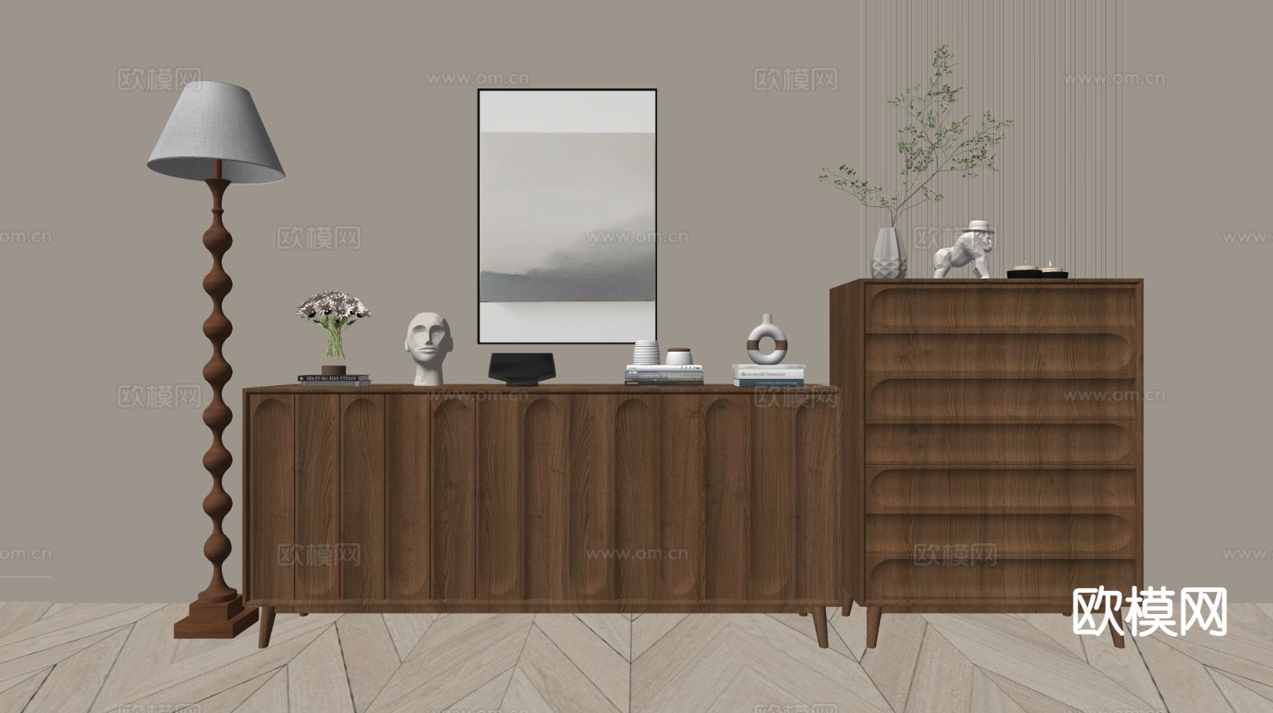 中古风玄关柜 边柜su模型下载（渲染图1）