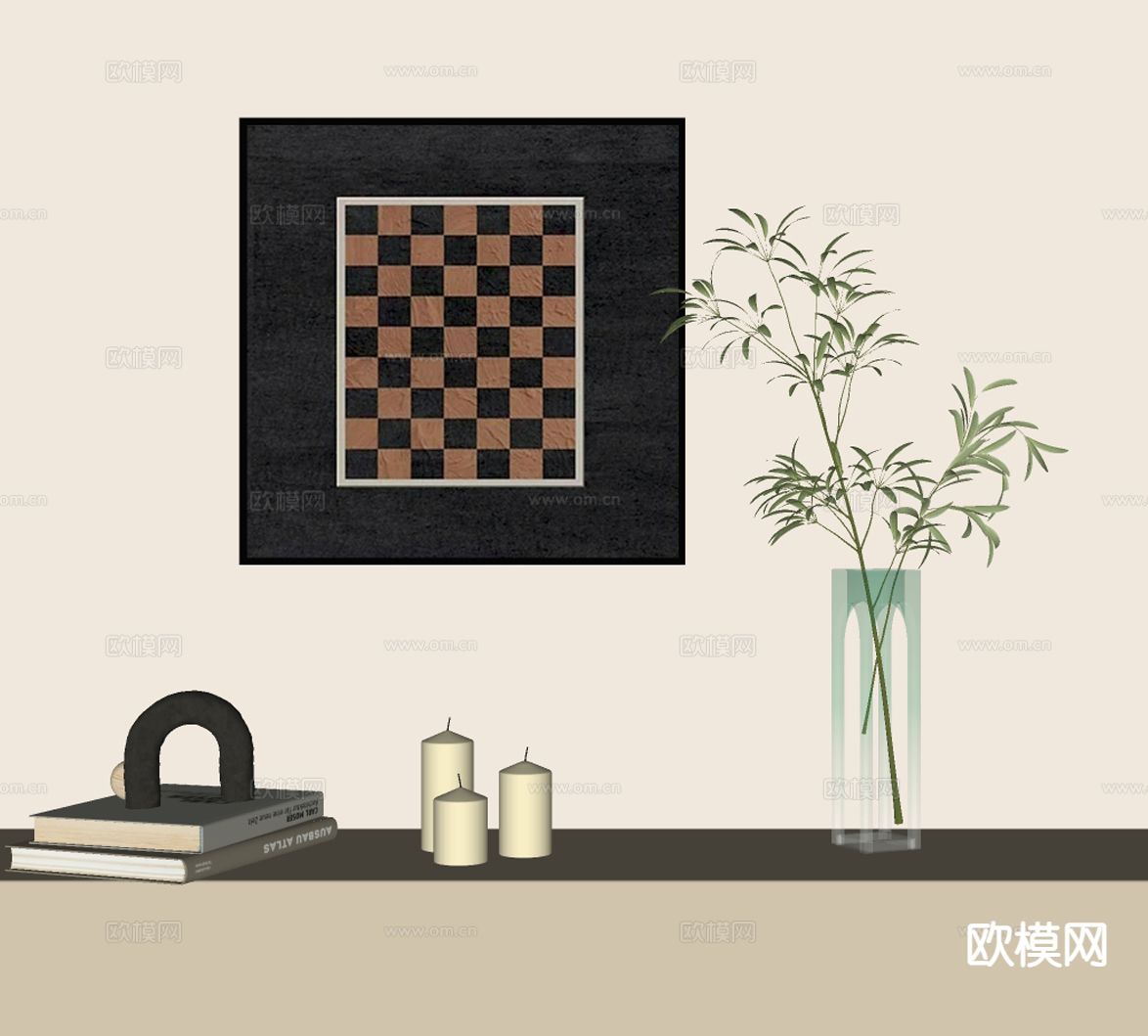 中古风棋盘格挂画su模型