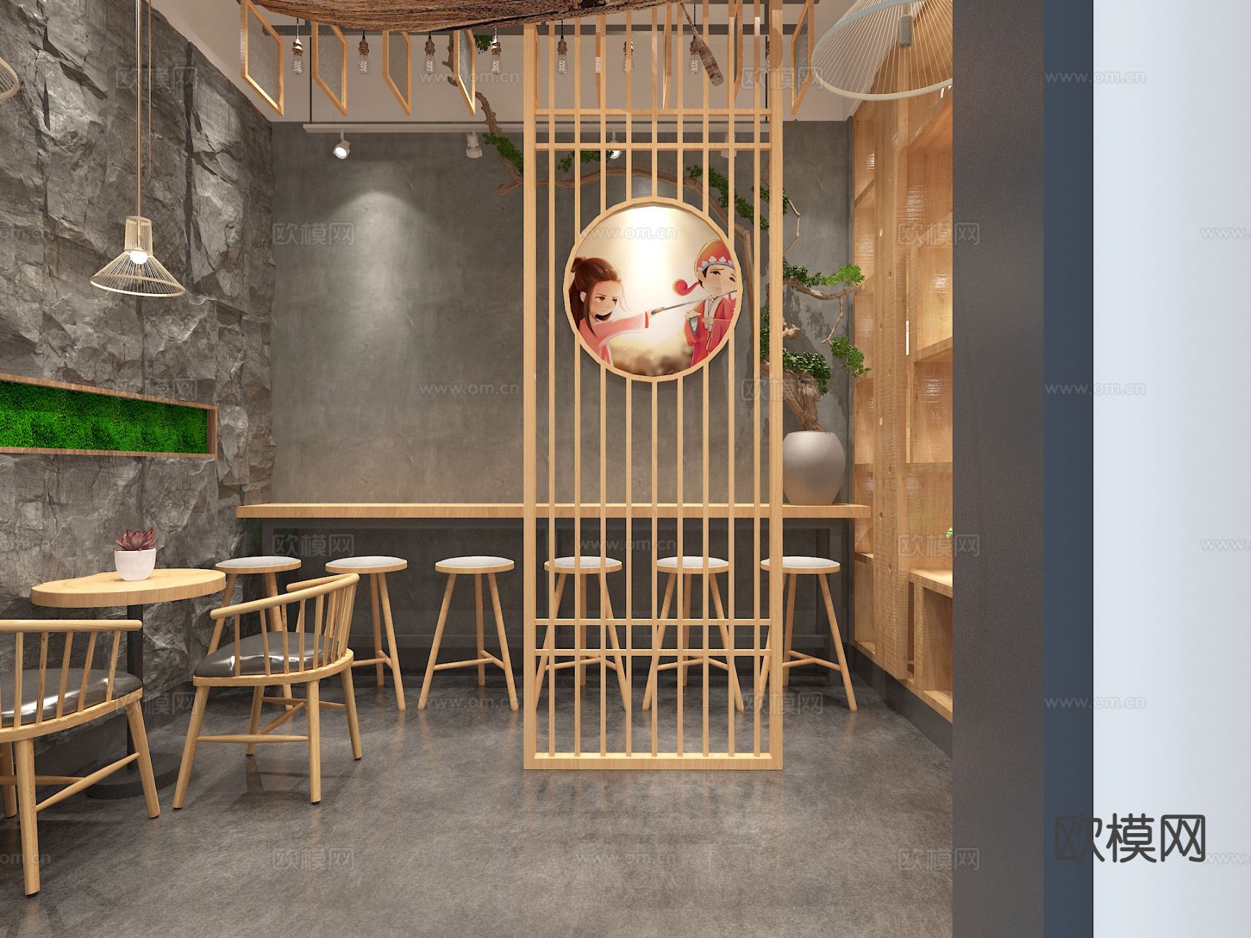 新中式奶茶店免费3d模型下载（渲染图3）