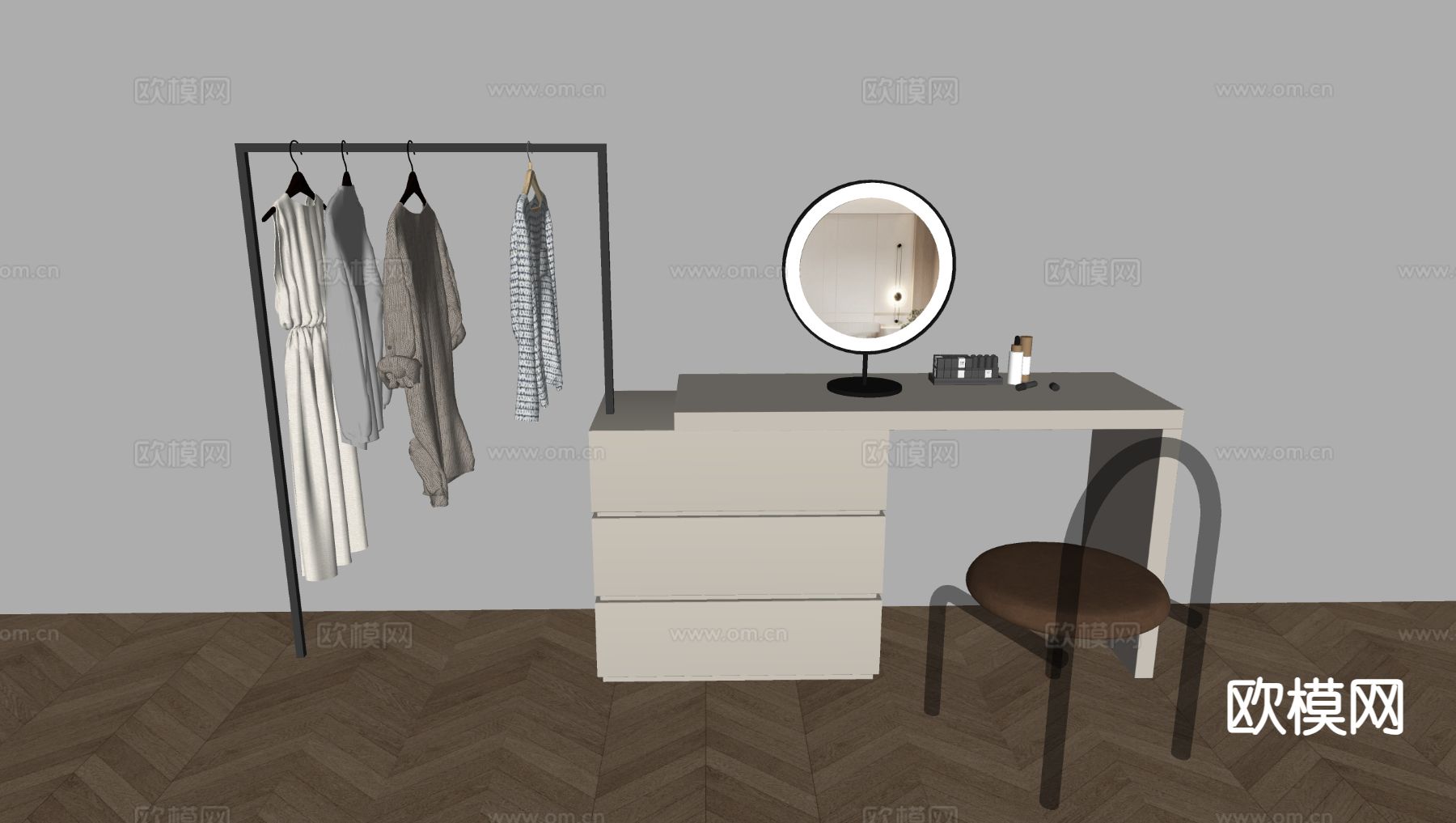 奶油风梳妆台 化妆桌su模型下载（渲染图1）