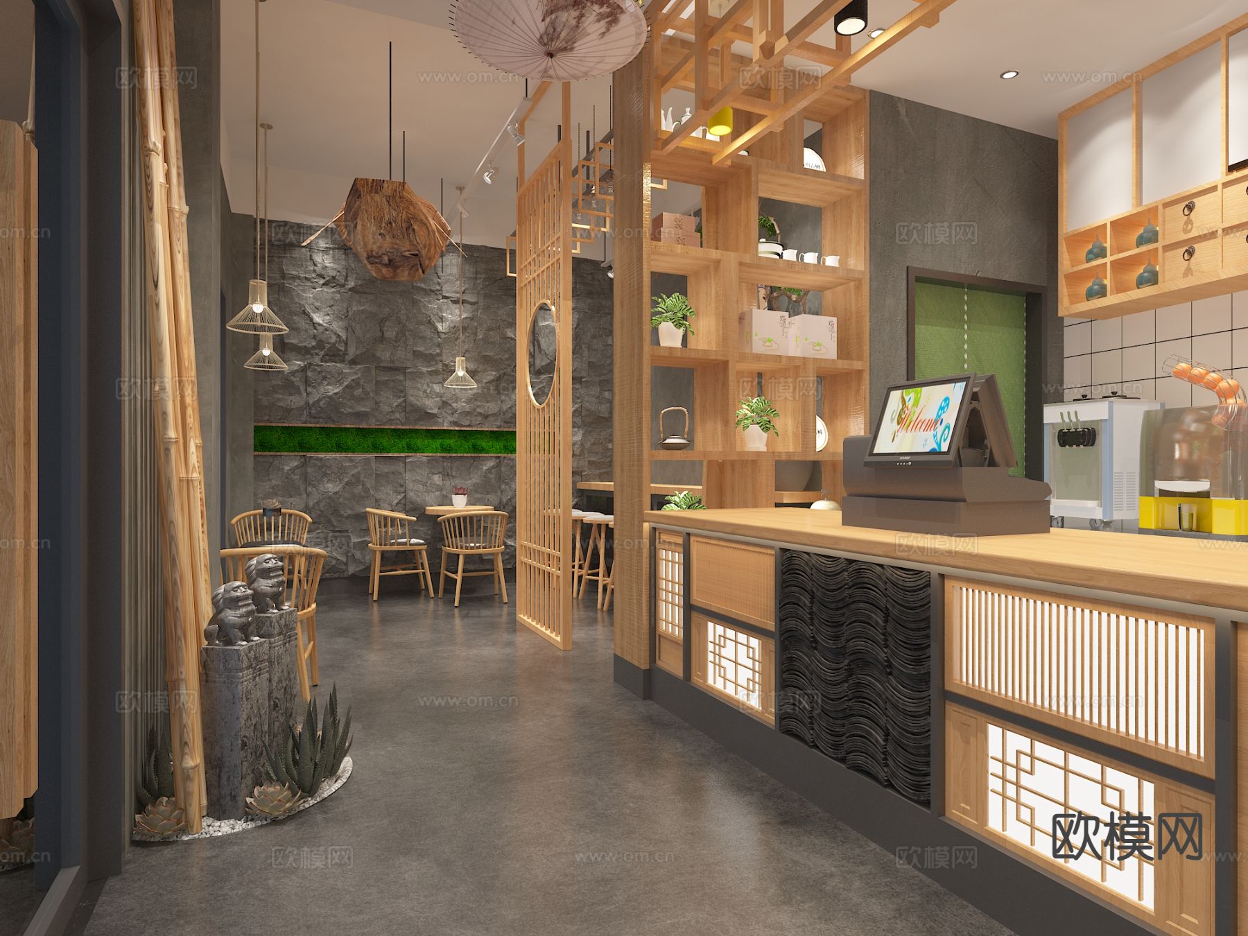 新中式奶茶店免费3d模型下载（渲染图1）