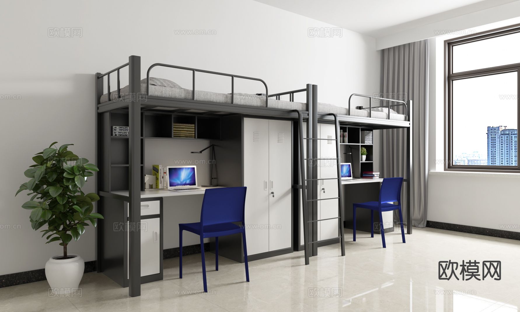 学校宿舍床 上床下桌 上下床3d模型下载
