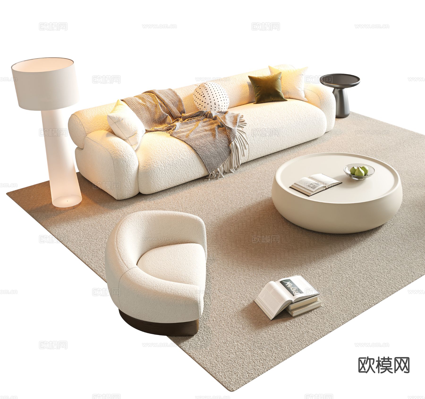 奶油风组合沙发3d模型下载（渲染图2）