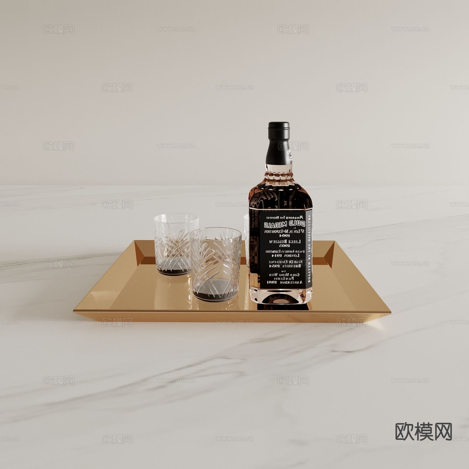 酒瓶 酒杯 托盘 洋酒3d模型