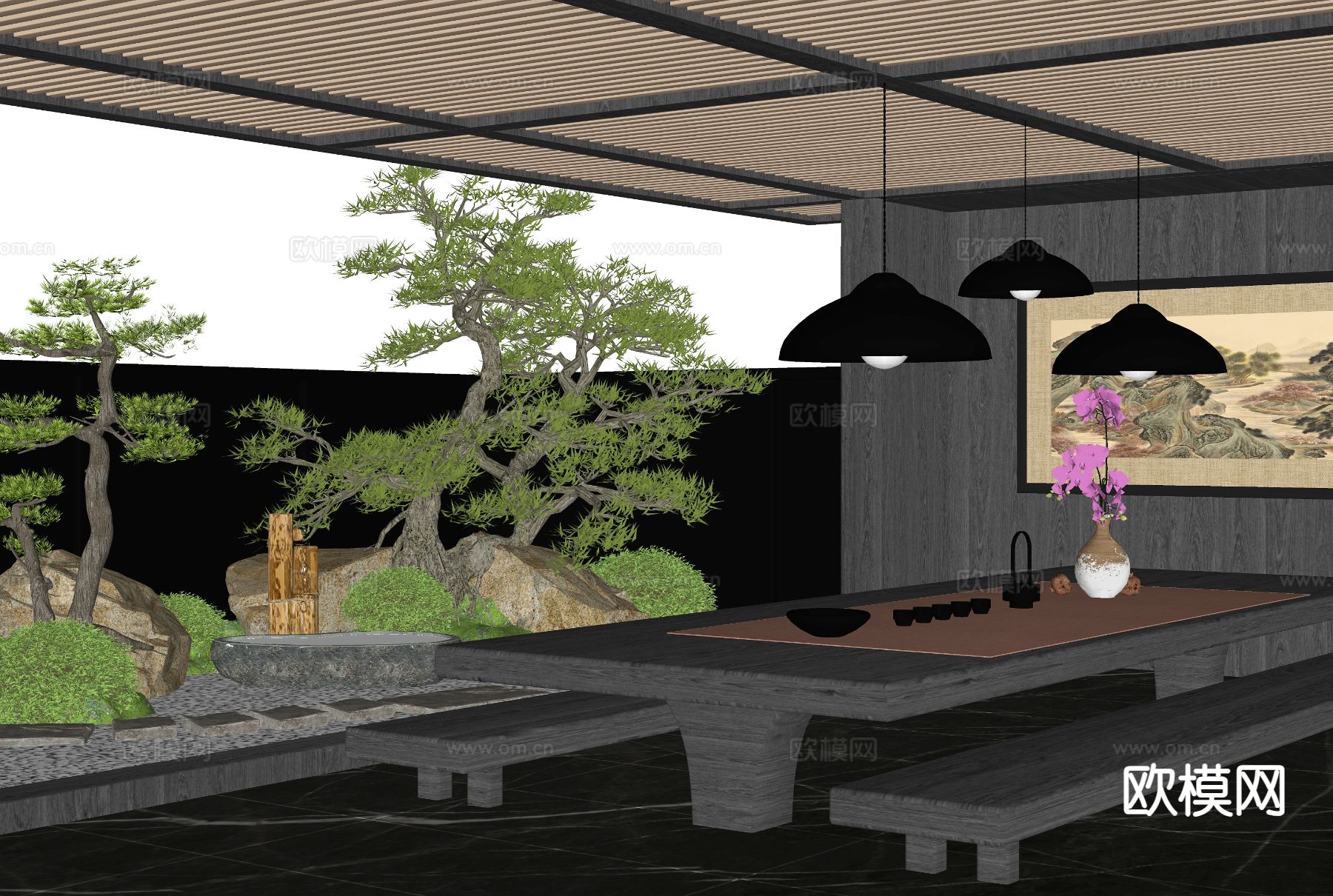 别墅庭院 天井花园su模型下载（渲染图1）