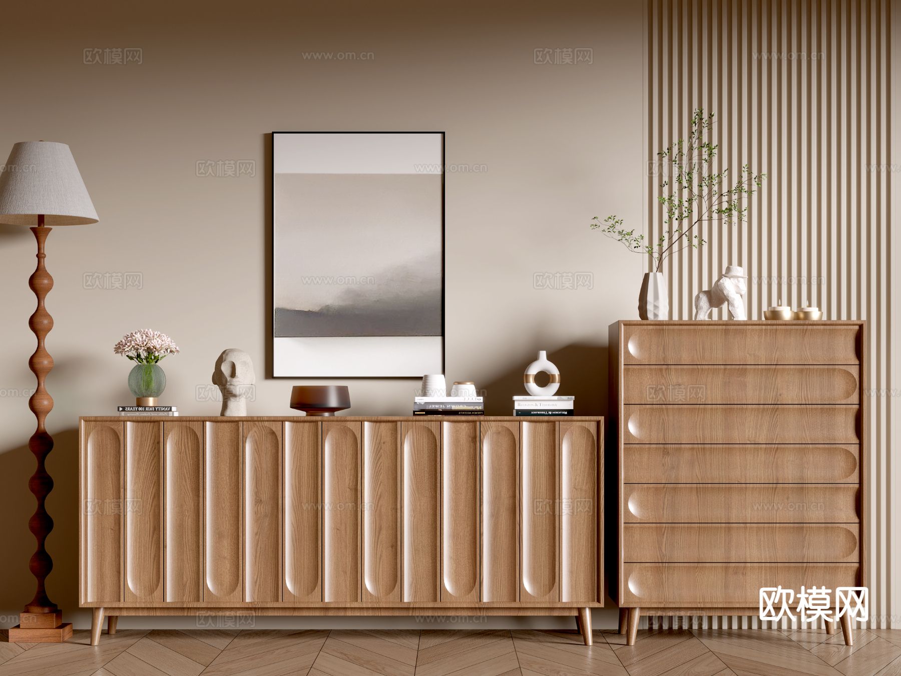 中古风玄关柜 边柜su模型下载（渲染图2）