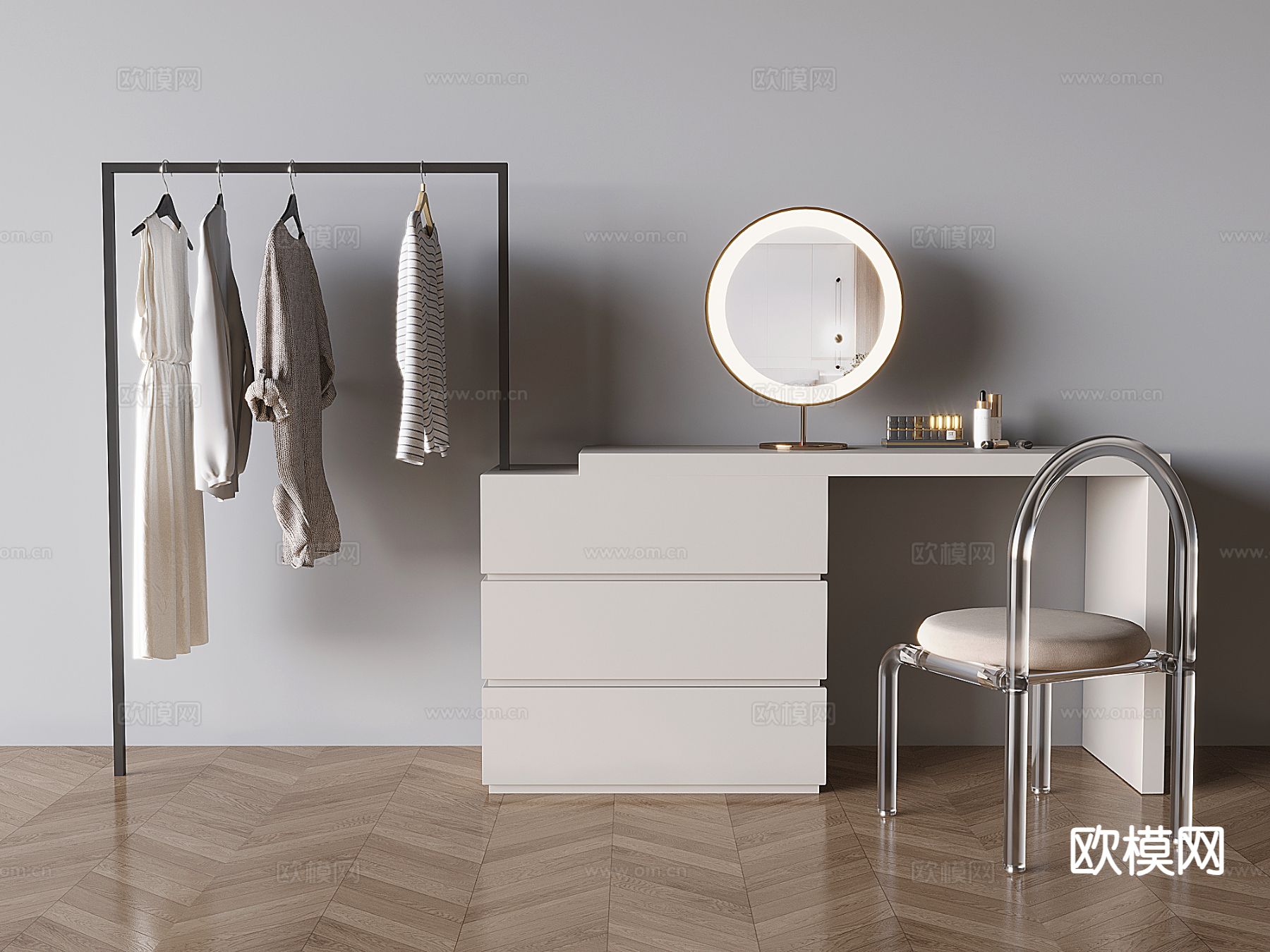 奶油风梳妆台 化妆桌su模型下载（渲染图2）