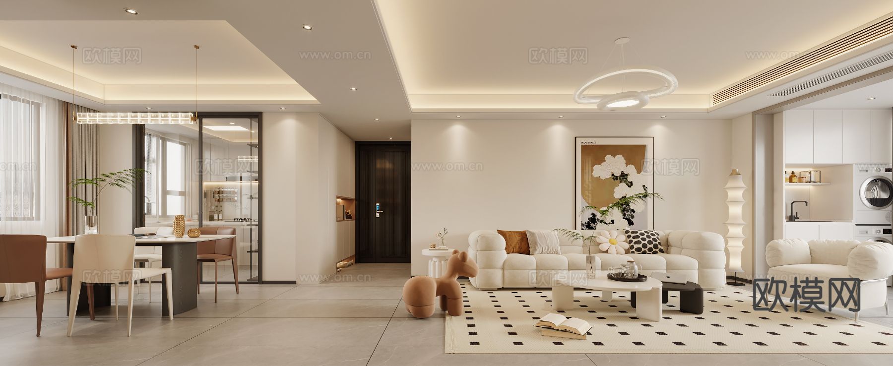 奶油风客餐厅3d模型下载（渲染图1）