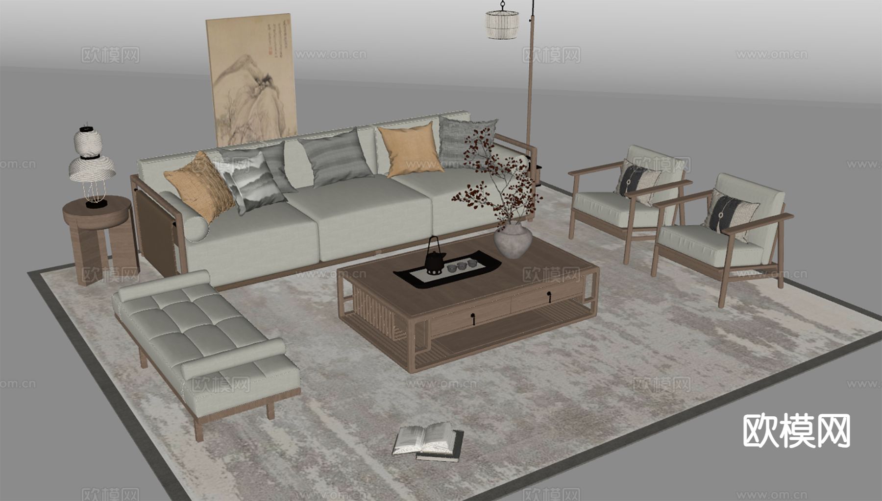 新中式组合沙发su模型下载（渲染图1）
