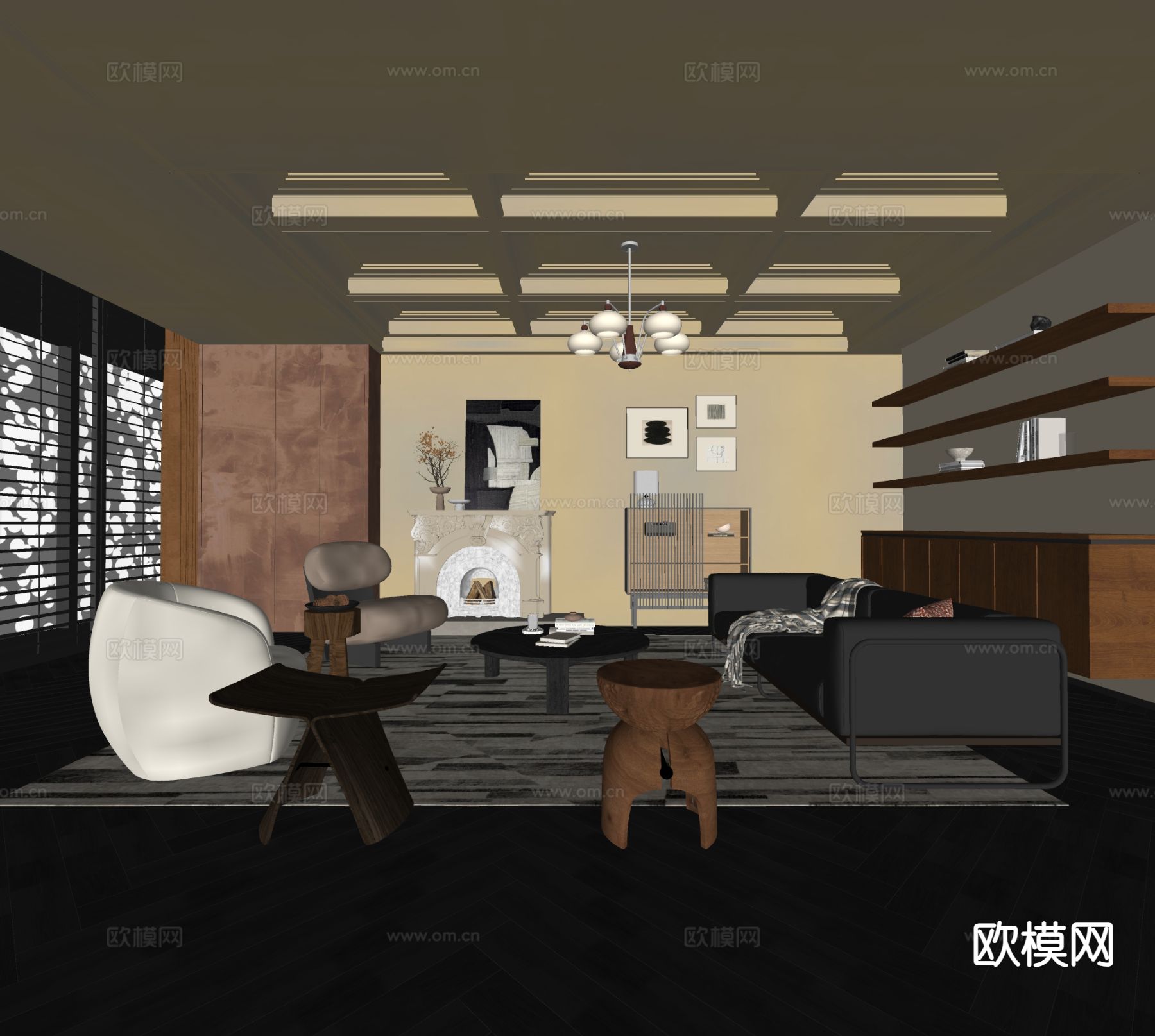 中古风客厅su模型下载（渲染图1）