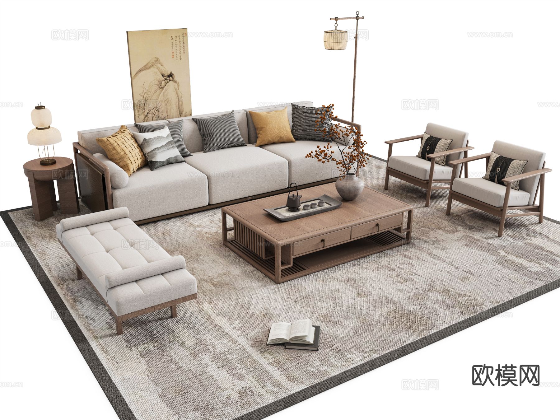 新中式组合沙发su模型下载（渲染图2）