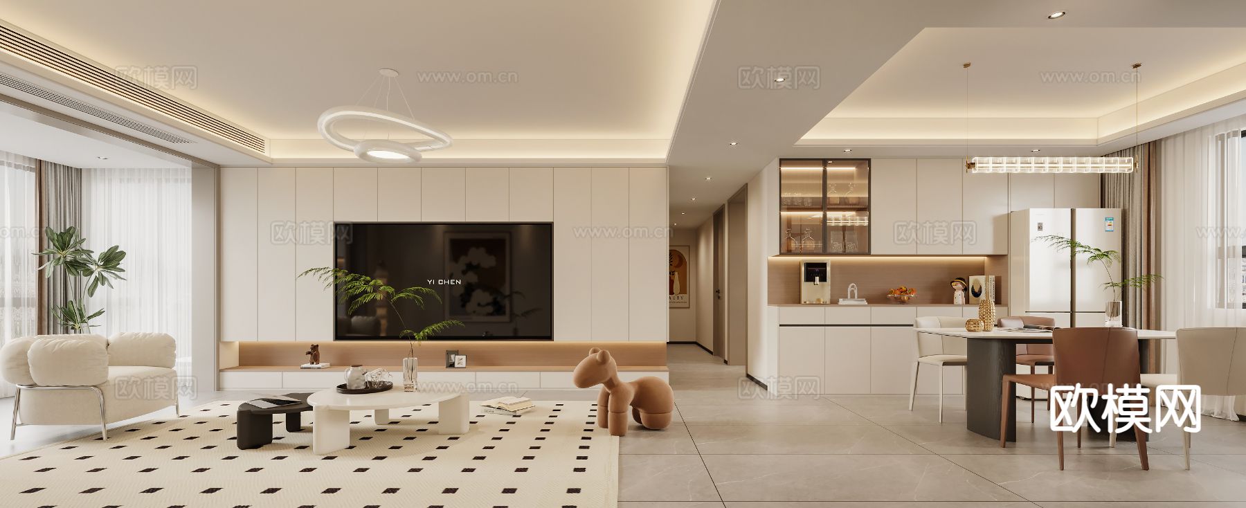 奶油风客餐厅3d模型下载（渲染图2）