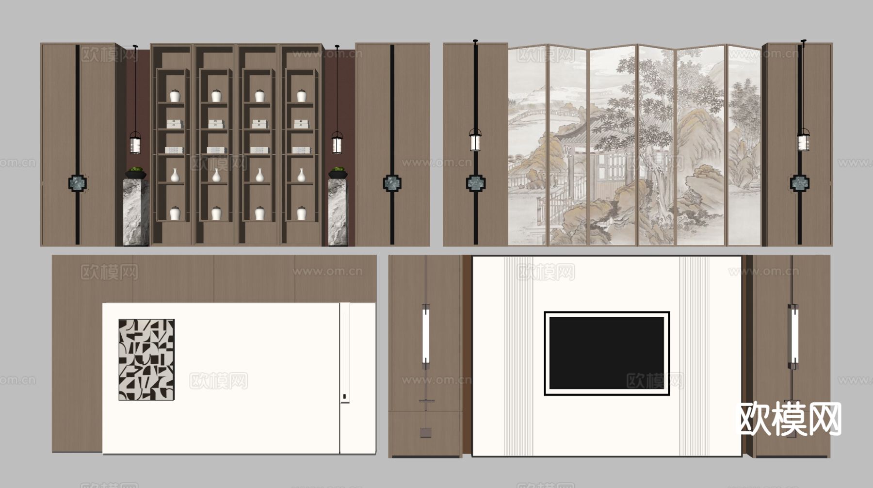 新中式电视背景墙su模型