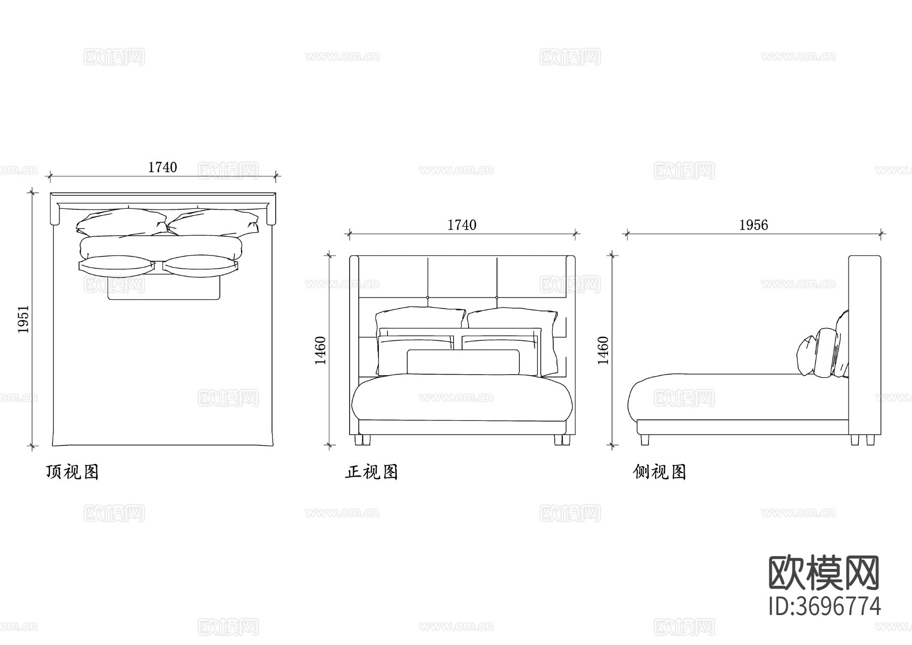 高背双人床设计三视图