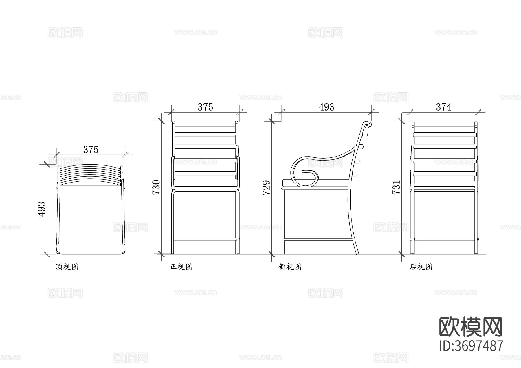 公园铁椅设计四视图