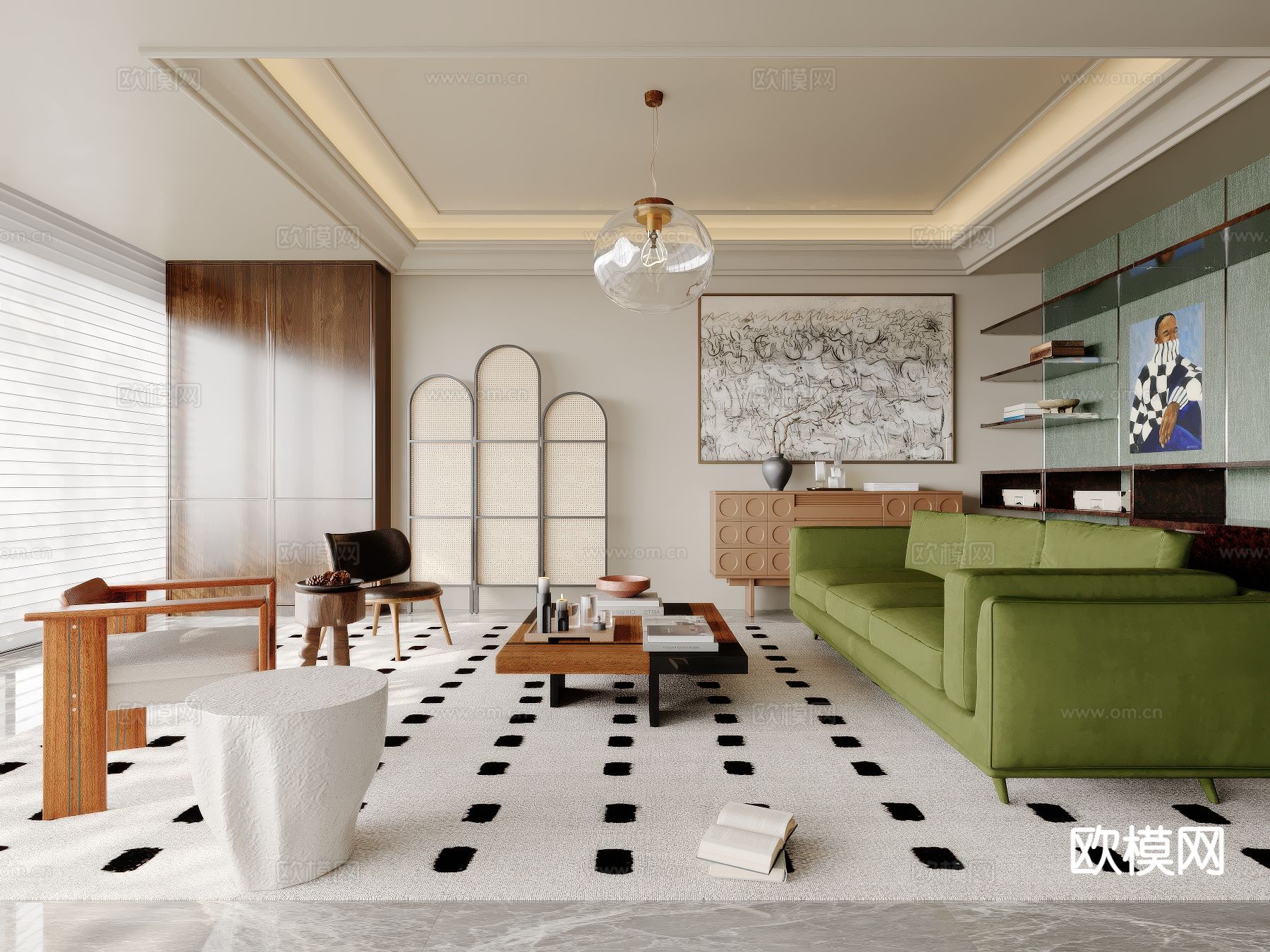 中古风客厅su模型下载（渲染图2）