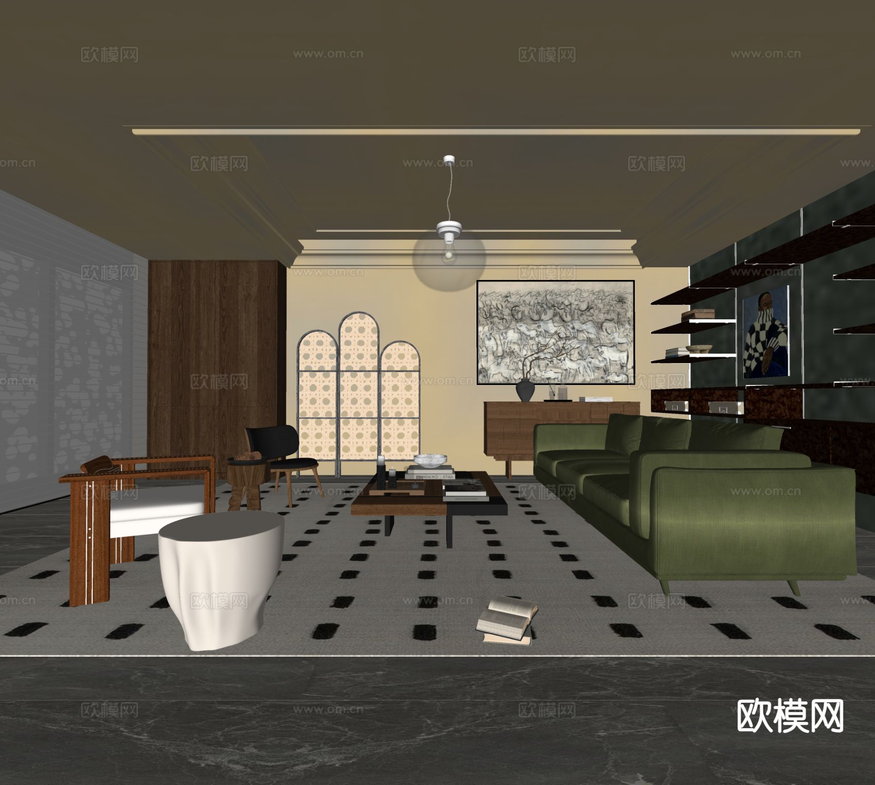 中古风客厅su模型下载（渲染图1）