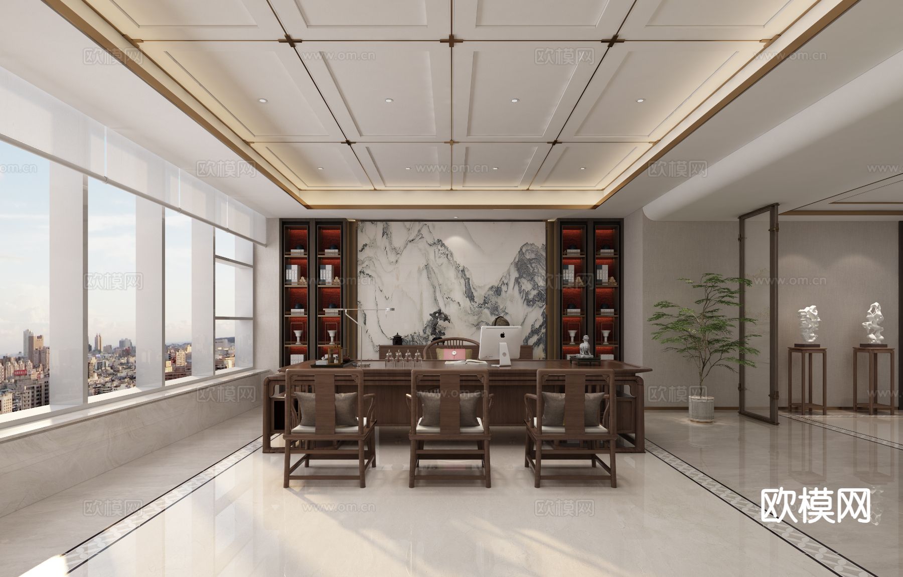 中式总经理室 董事长室3d模型下载（渲染图1）