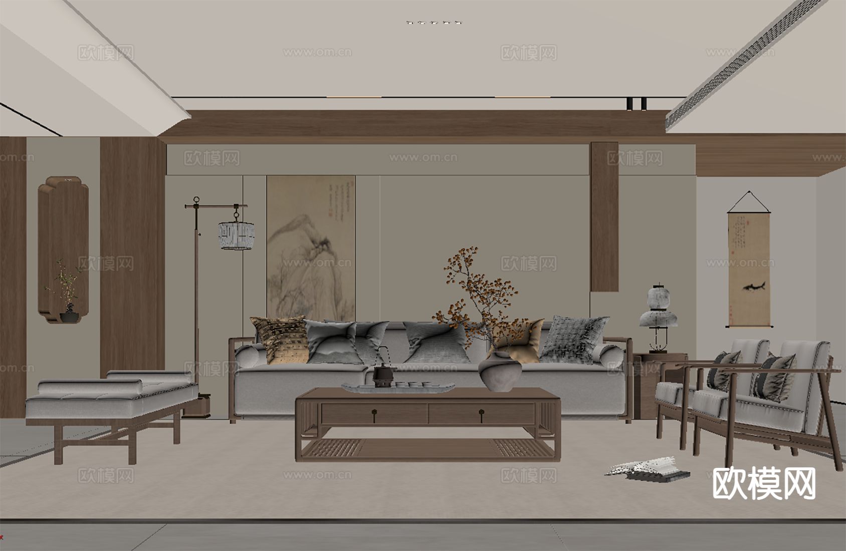 新中式客厅3d模型下载（渲染图2）