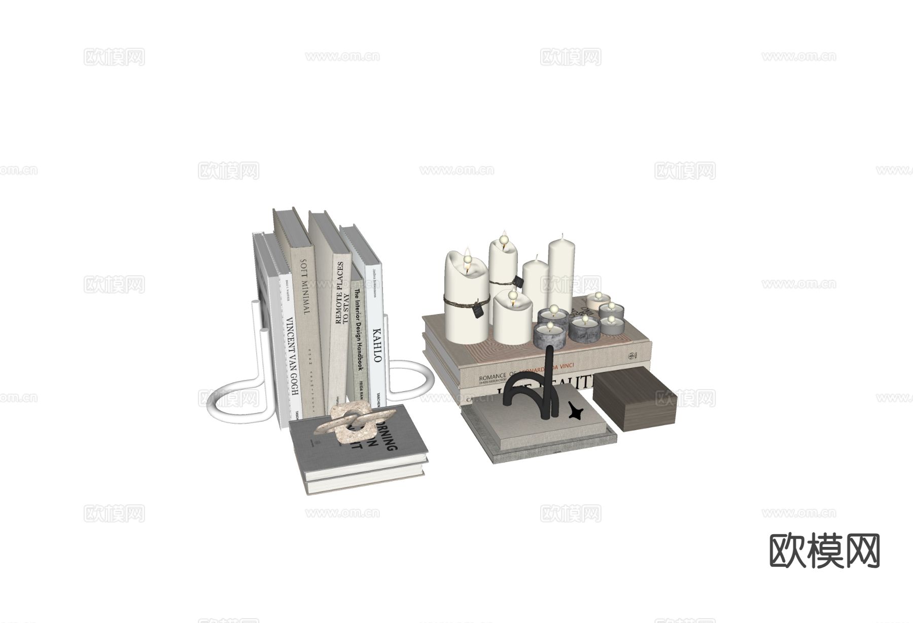 现代装饰品 桌面摆件 书籍 烛台灯su模型