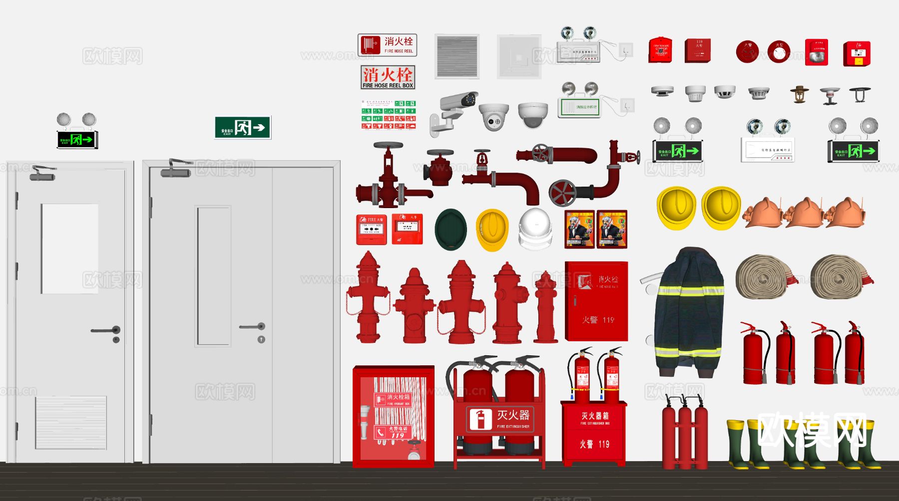 消防栓 灭火器 消防器材 安全门su模型