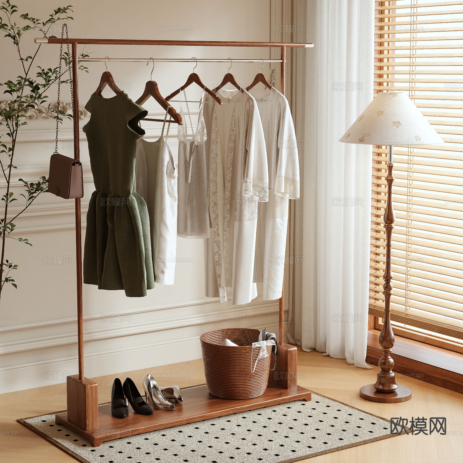 中古风挂衣架 衣帽架 落地衣架3d模型下载