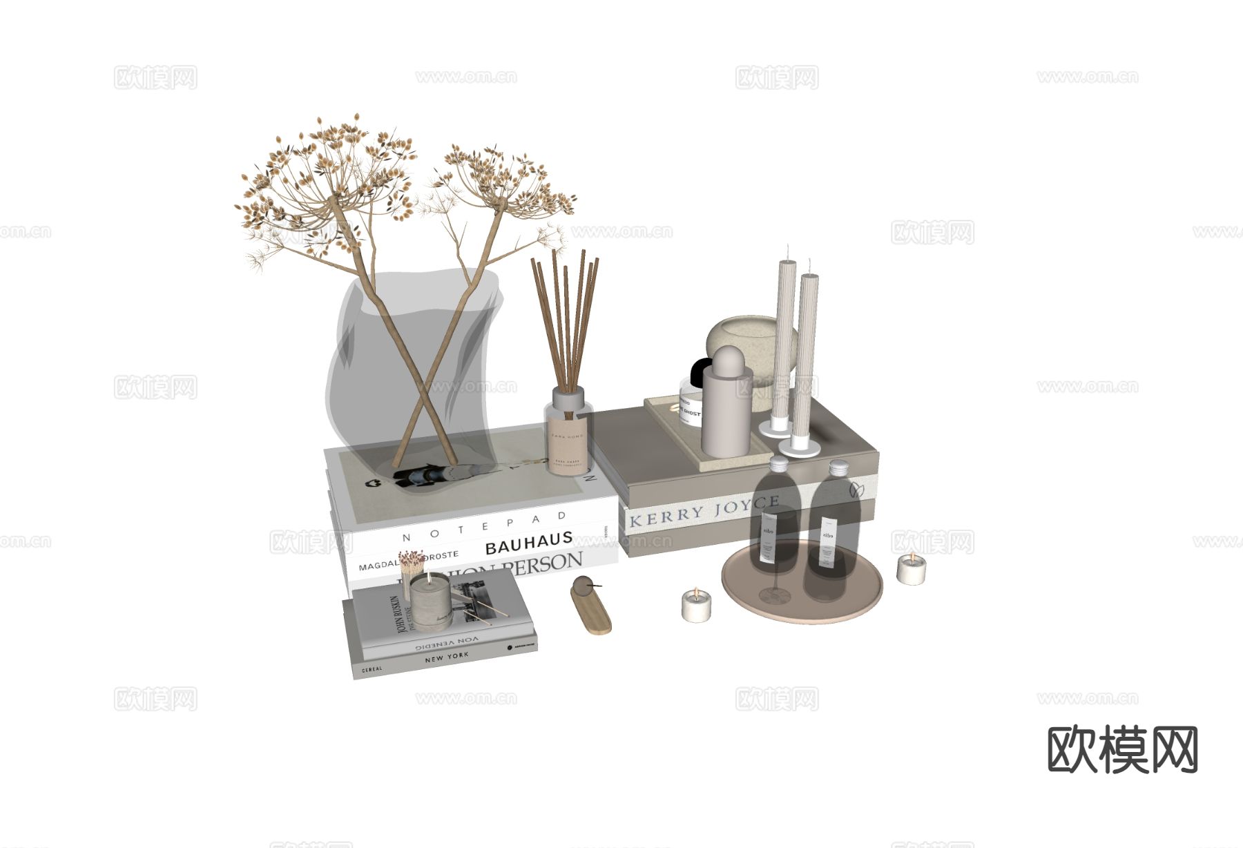 现代装饰品 桌面摆件 花瓶 书籍 蜡烛su模型