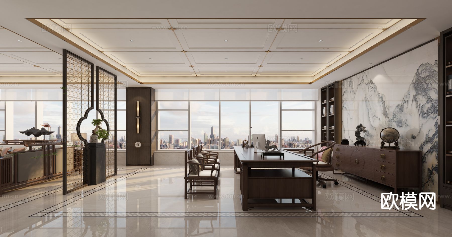中式总经理室 董事长室3d模型下载（渲染图2）