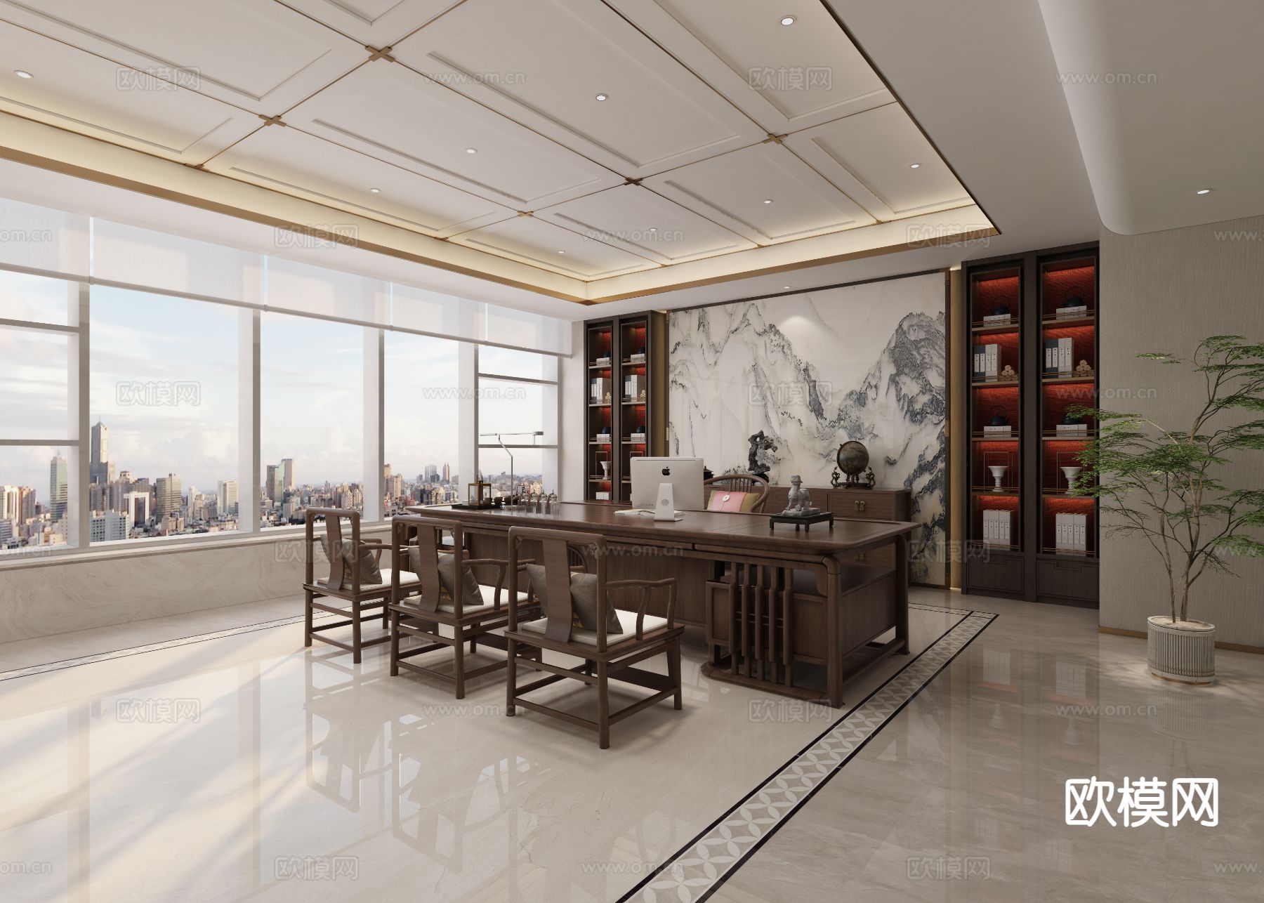 中式总经理室 董事长室3d模型下载（渲染图3）