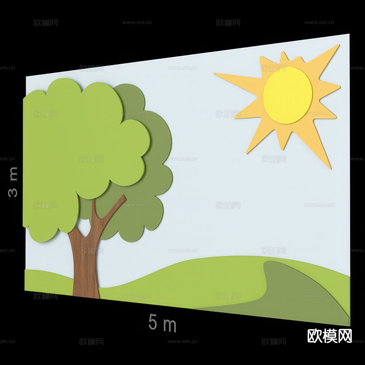 儿童卡通画墙贴 大树太阳墙贴3d模型