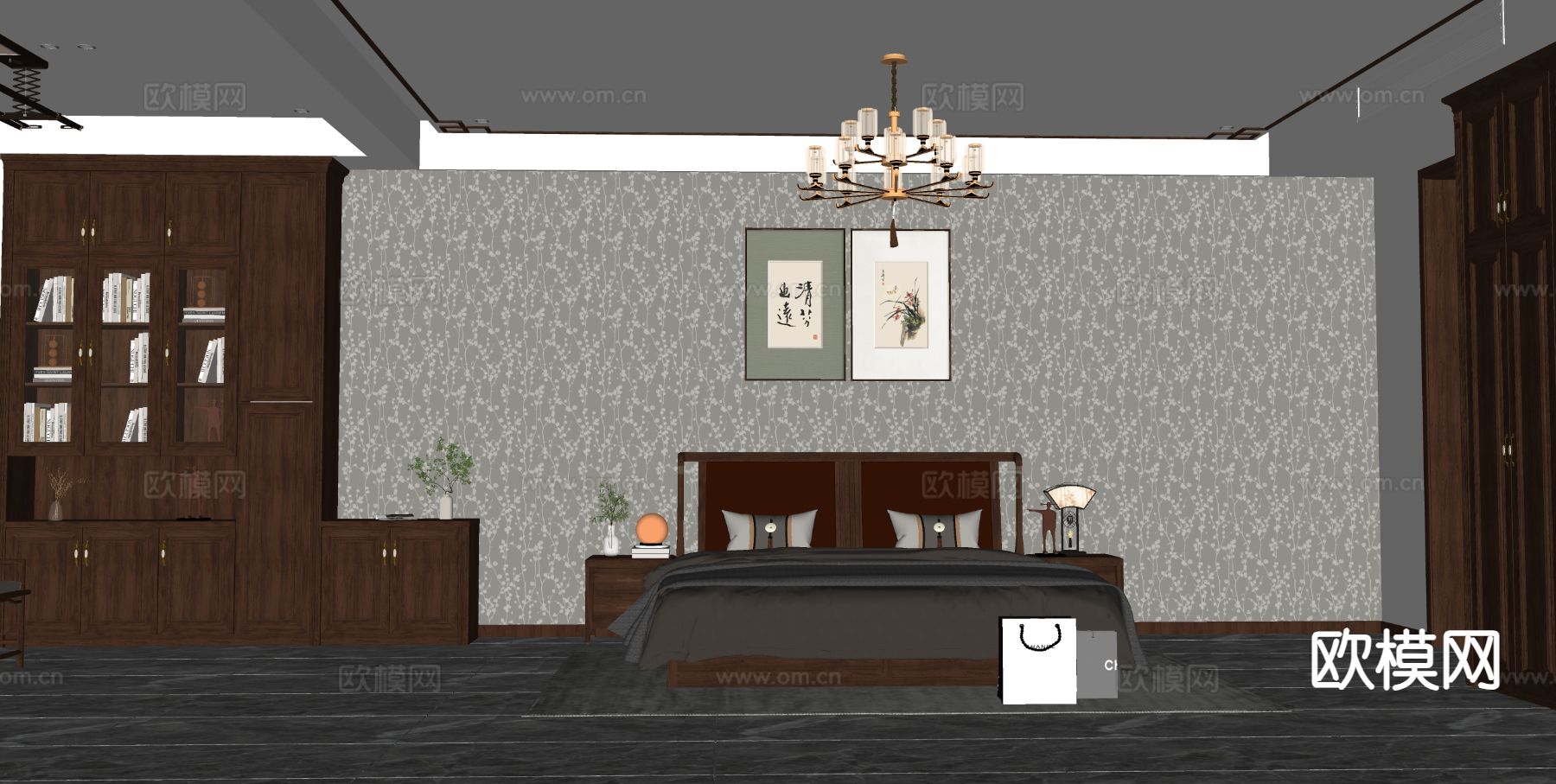 新中式卧室 主卧su模型下载（渲染图1）