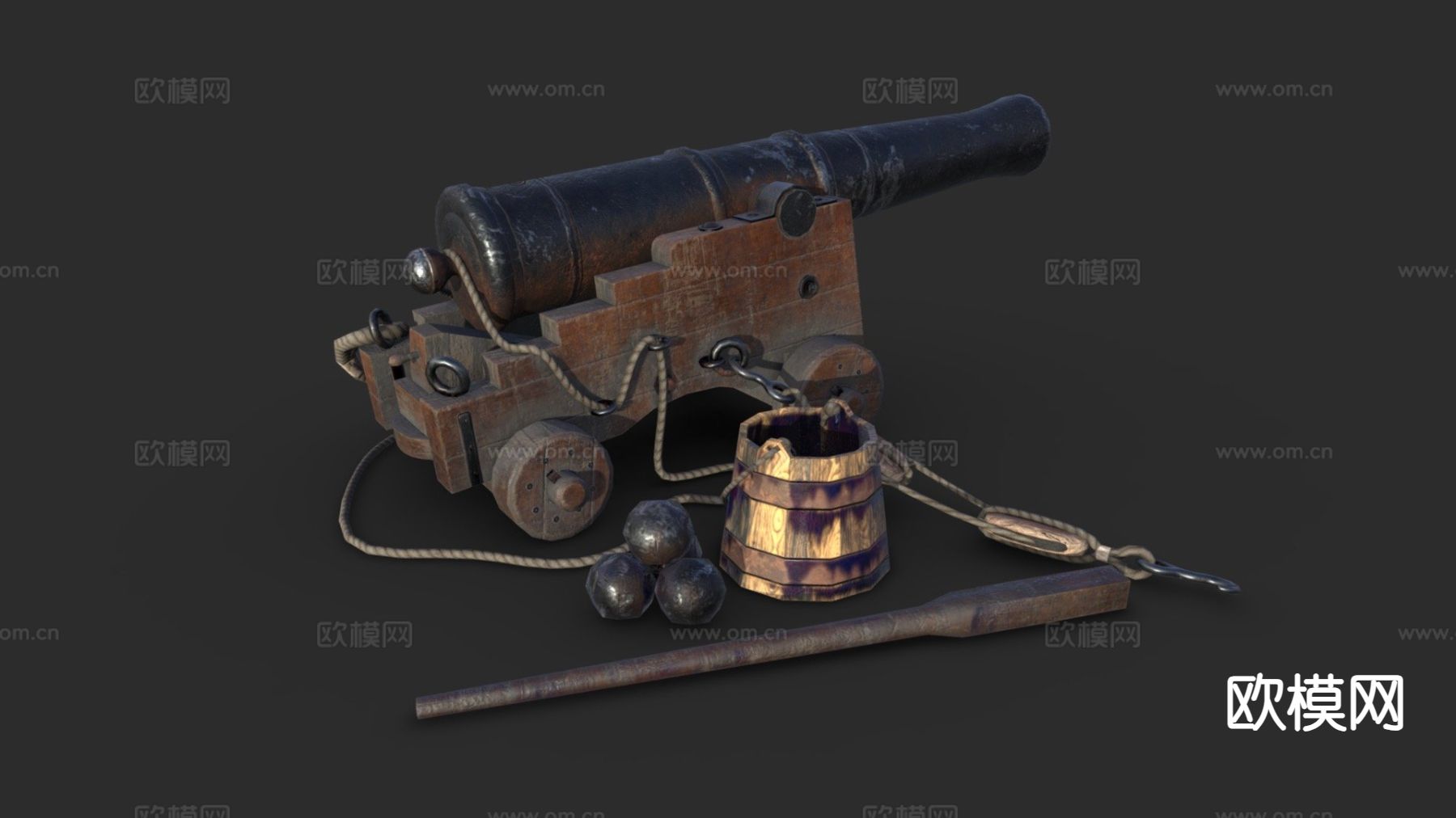 旧海军炮-深色木材su模型下载（渲染图2）