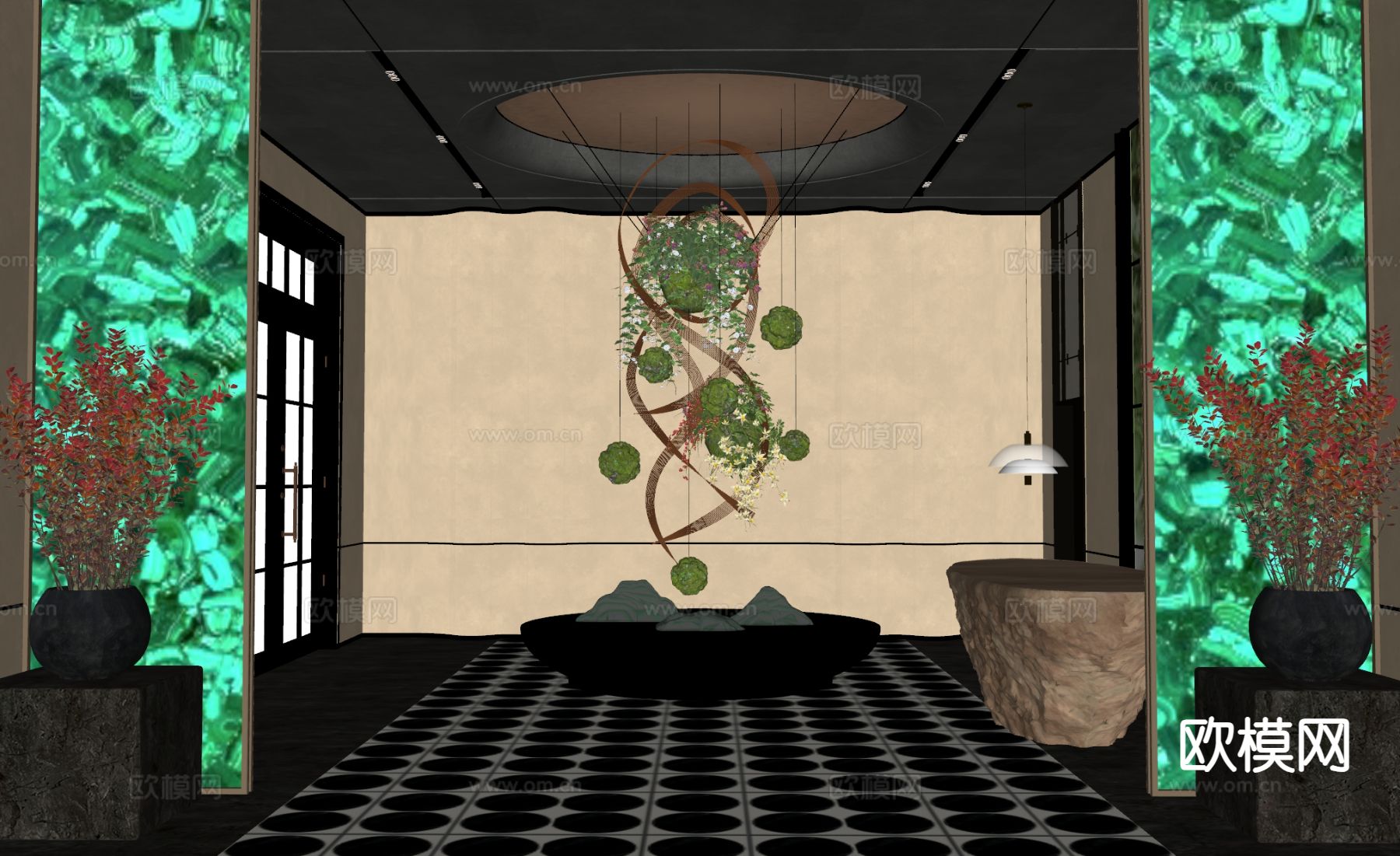 现代酒店大厅 艺术装置su模型下载（渲染图1）