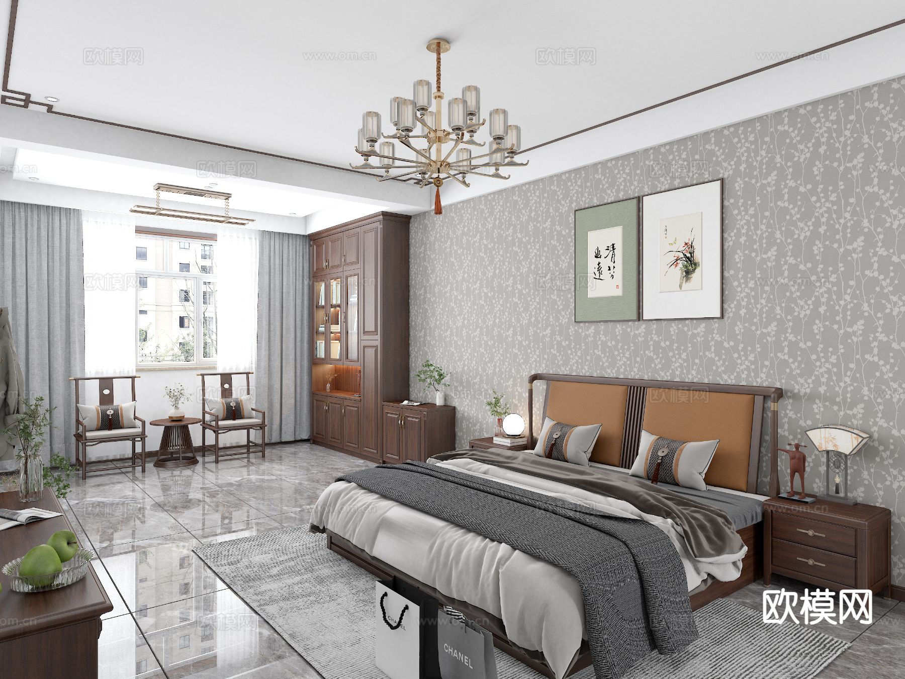 新中式卧室 主卧su模型下载（渲染图2）