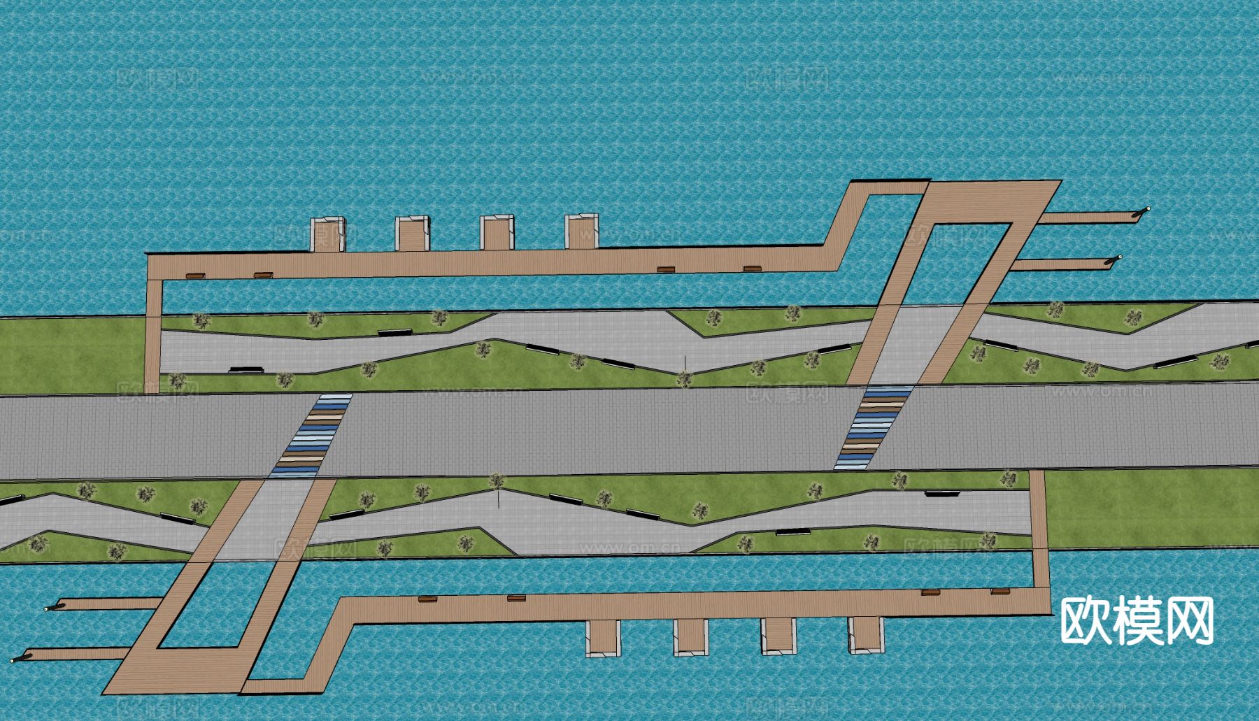 现代口袋公园 滨水线性公园su模型